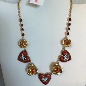 Betsey Johnson Crystal Rose & Red Evil Eye Hearts Necklace